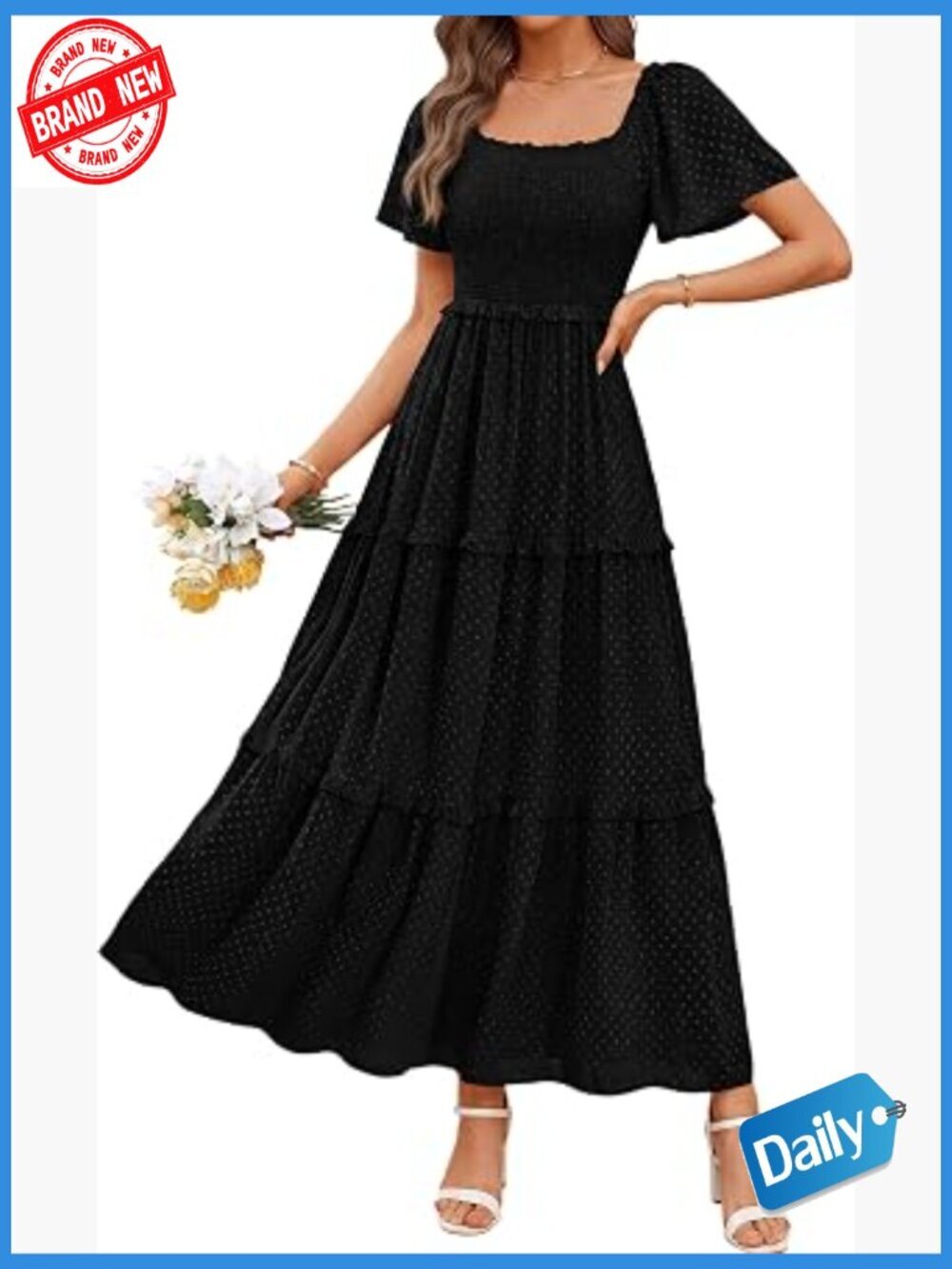 Boho Maxi Dress Wedding Guest Swiss Dot Square Neck Smocked